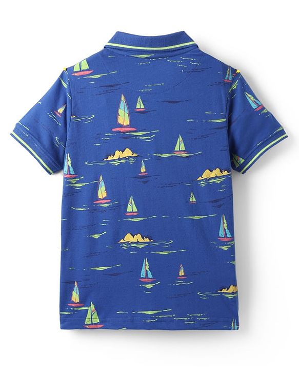 Pine Kids Cotton Knit Half Sleeves Polo T-Shirt with Nautical Theme Print - Navy Blue