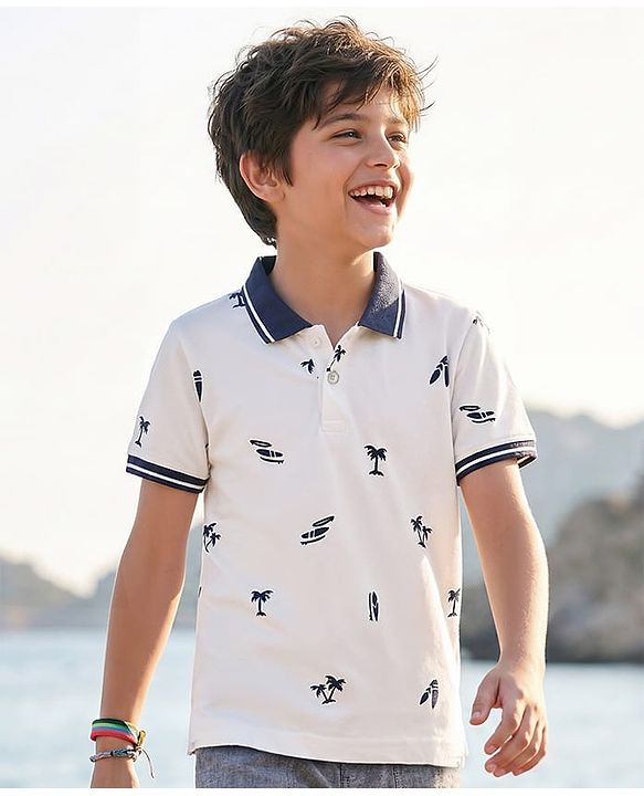 Pine Kids Cotton Knit Half Sleeves Polo T-Shirt with Beach Theme Print - White