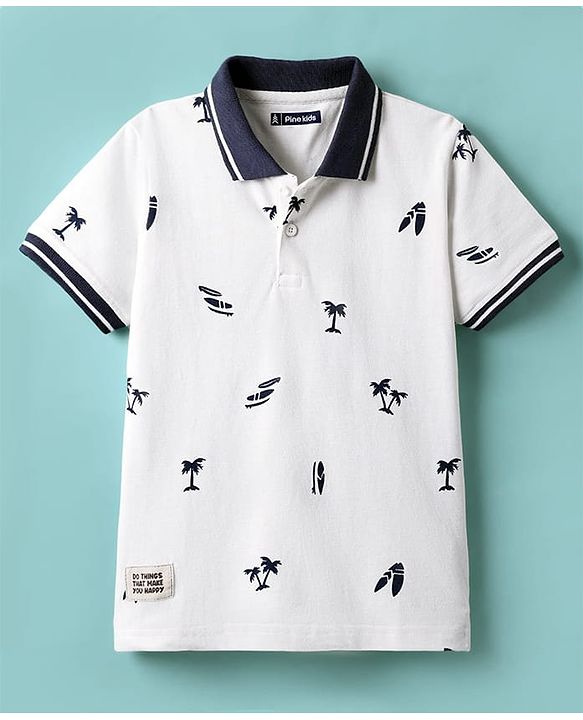 Pine Kids Cotton Knit Half Sleeves Polo T-Shirt with Beach Theme Print - White