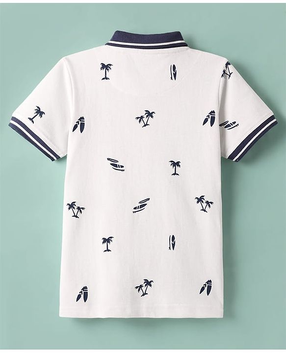 Pine Kids Cotton Knit Half Sleeves Polo T-Shirt with Beach Theme Print - White