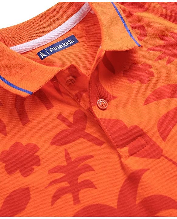 Pine Kids Cotton Knit Half Sleeves Polo T-Shirt with Tropical Print - Orange