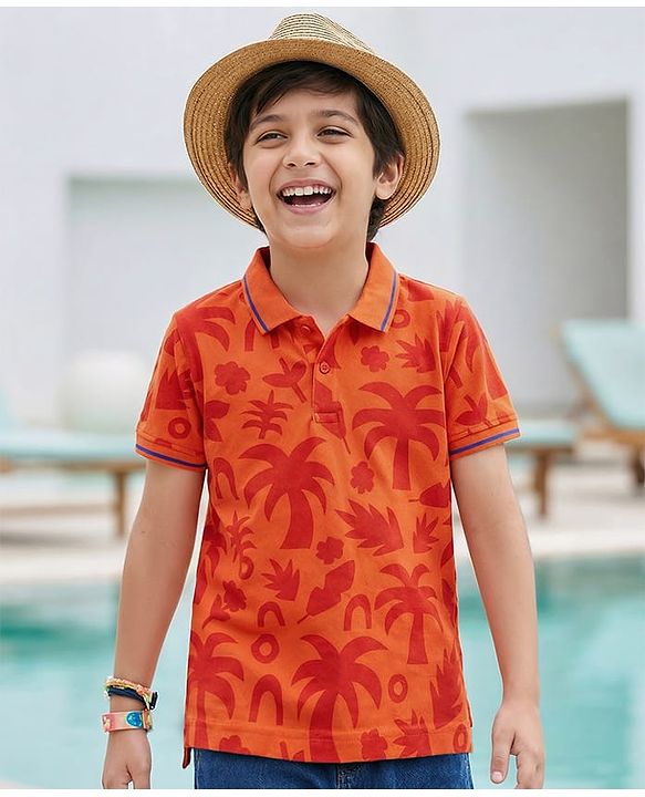 Pine Kids Cotton Knit Half Sleeves Polo T-Shirt with Tropical Print - Orange