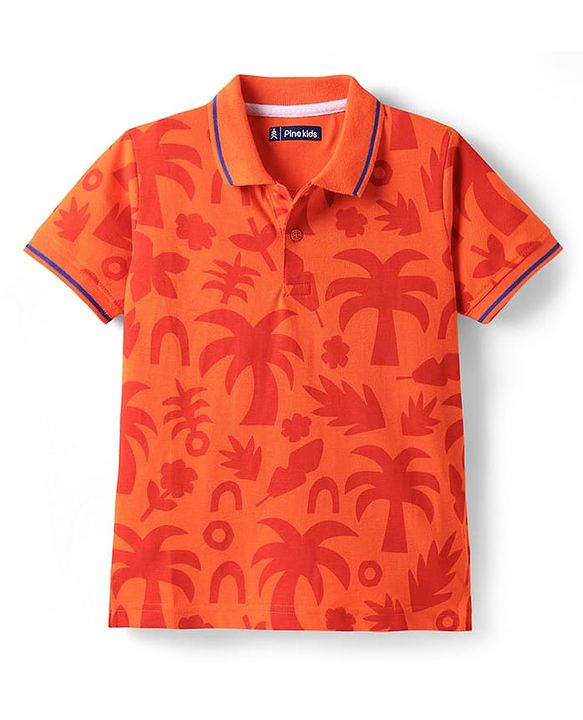 Pine Kids Cotton Knit Half Sleeves Polo T-Shirt with Tropical Print - Orange