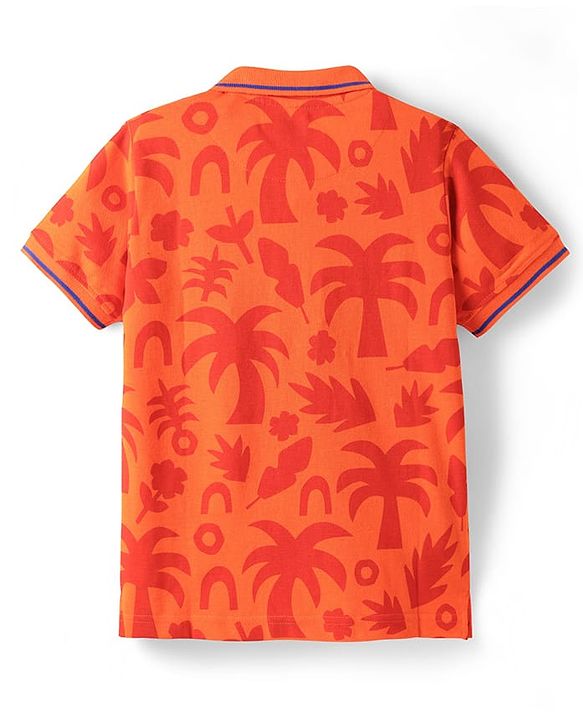Pine Kids Cotton Knit Half Sleeves Polo T-Shirt with Tropical Print - Orange