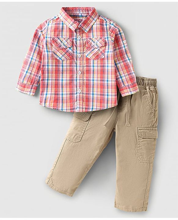 Babyhug Cotton Woven Full Sleeves Checkered Shirt & Solid Trouser Set - Red & Beige