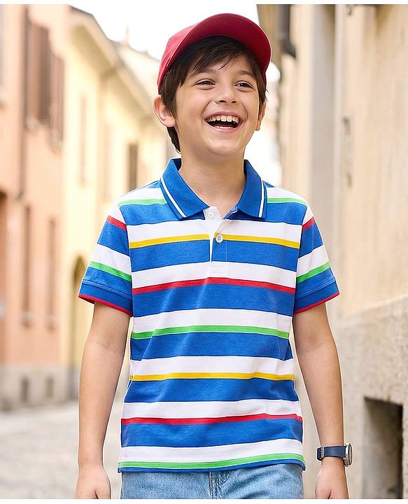 Pine Kids Cotton Knit Half Sleeves Striped Polo T-Shirt - Multicolor