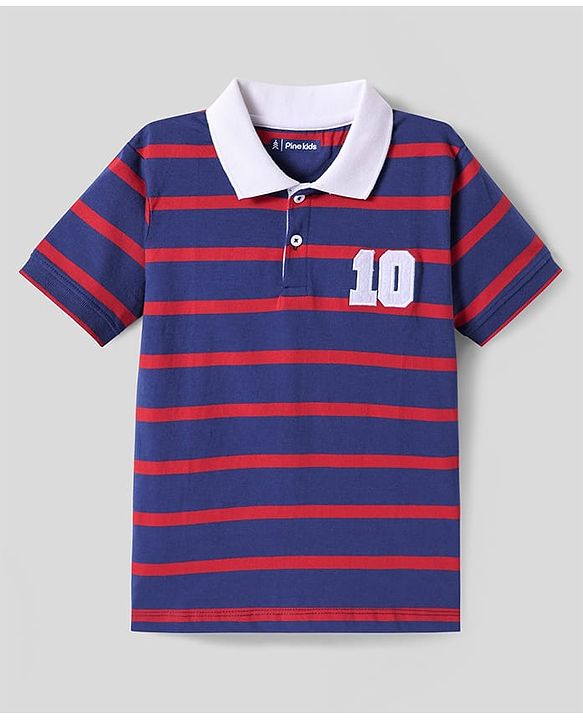 Pine Kids Cotton Knit Half Sleeves Polo T-Shirt with Stripes & Number Patch - Navy Blue