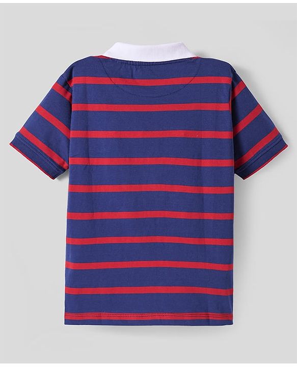 Pine Kids Cotton Knit Half Sleeves Polo T-Shirt with Stripes & Number Patch - Navy Blue
