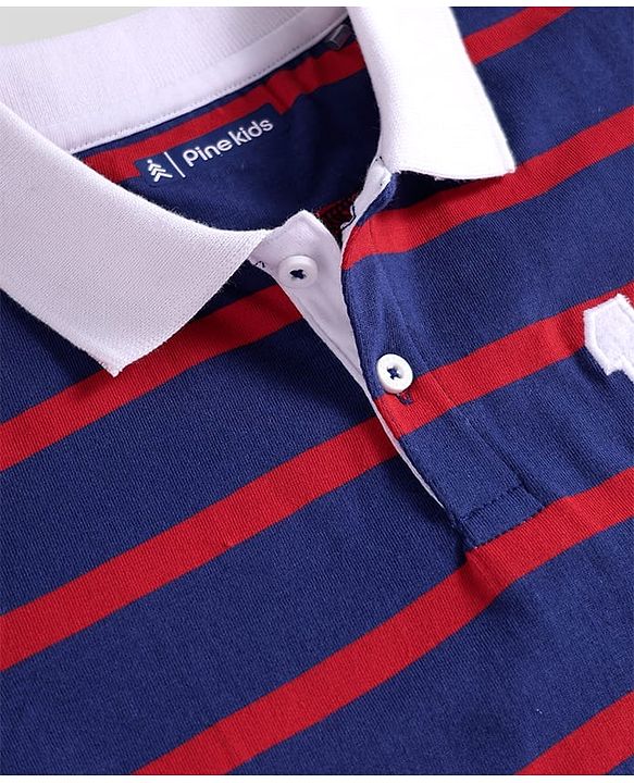 Pine Kids Cotton Knit Half Sleeves Polo T-Shirt with Stripes & Number Patch - Navy Blue