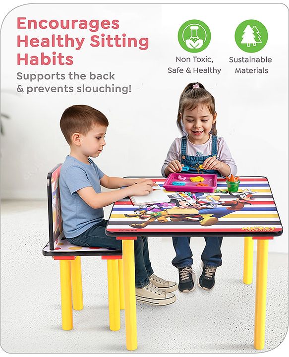 Babyhug Disney Mickey  Multipurpose Study Table with 2 Chairs - Yellow
