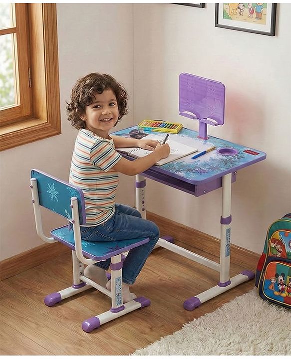 Babyhug Disney Frozen Height Adjustable Study Table & Chair Set with Storage for Kids - Purple| Ergonomic Study Desk for 3-15 Years Kids| Reading Stand, Cup Holder & Anti-Slip Base