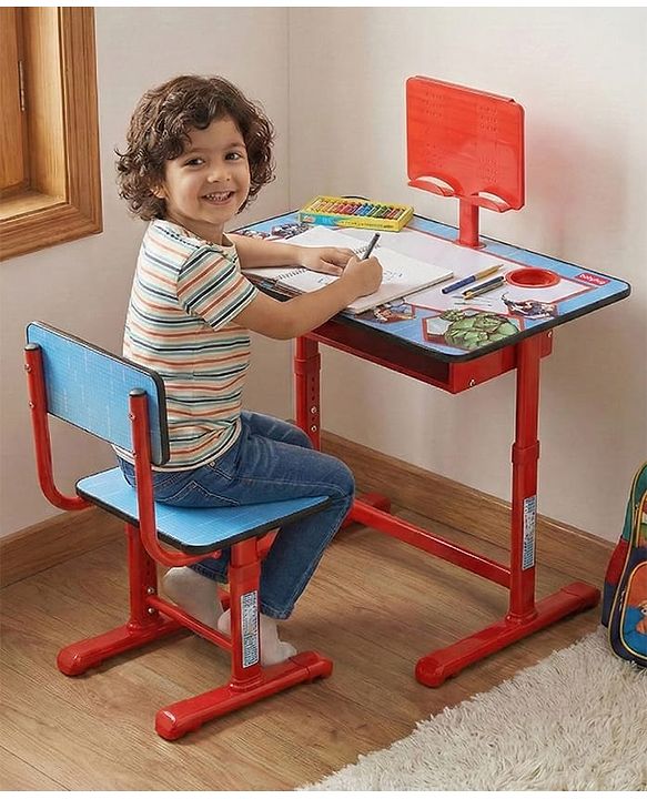 Babyhug Marvel Avenger Height Adjustable Study Table & Chair Set with Storage for Kids - Red| Ergonomic Study Desk for 3 -15 Years Kids| Reading Stand, Cup Holder & Anti-Slip Base