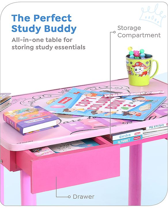 Babyhug Princess Multipurpose Study Table with 1 Chair  Pink| Art & Craft Table| Dining Table| Easy to Assemble| Sturdy Construct| Storage Draw| Chair with Backrest