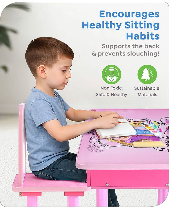 Babyhug Princess Multipurpose Study Table with 1 Chair  Pink| Art & Craft Table| Dining Table| Easy to Assemble| Sturdy Construct| Storage Draw| Chair with Backrest