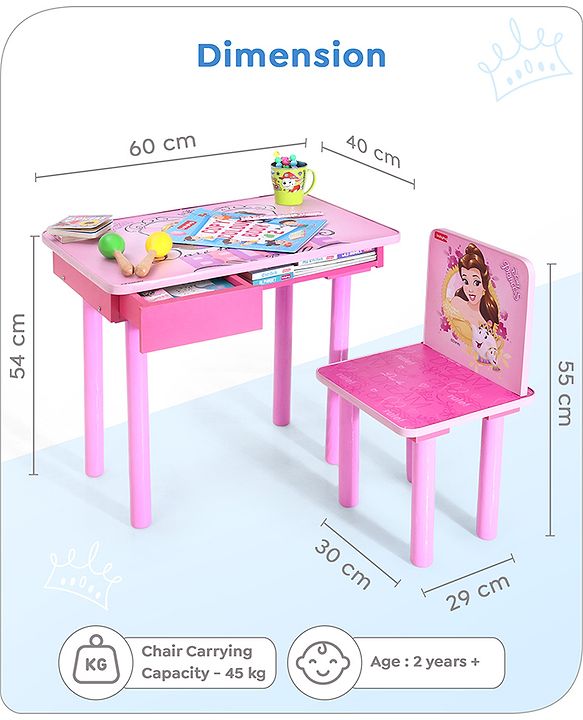 Babyhug Princess Multipurpose Study Table with 1 Chair  Pink| Art & Craft Table| Dining Table| Easy to Assemble| Sturdy Construct| Storage Draw| Chair with Backrest