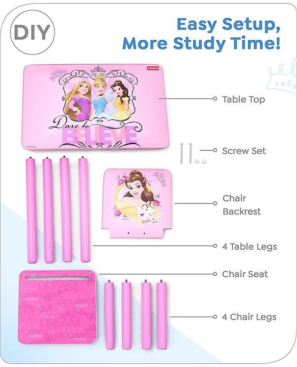 Babyhug Princess Multipurpose Study Table with 1 Chair  Pink| Art & Craft Table| Dining Table| Easy to Assemble| Sturdy Construct| Storage Draw| Chair with Backrest
