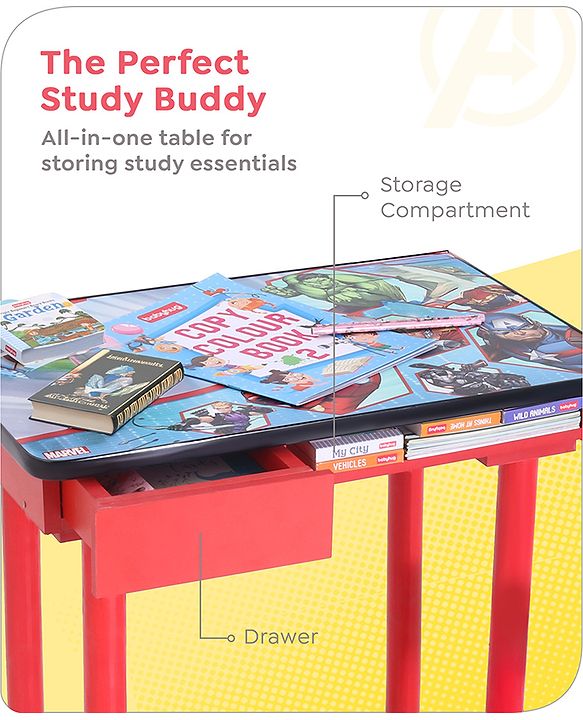 Babyhug Marvel Avengers Multipurpose Study Table with 1 Chair - Red| Art & Craft Table| Dining Table| Easy to Assemble| Sturdy Construct| Storage Draw| Chair with Backrest