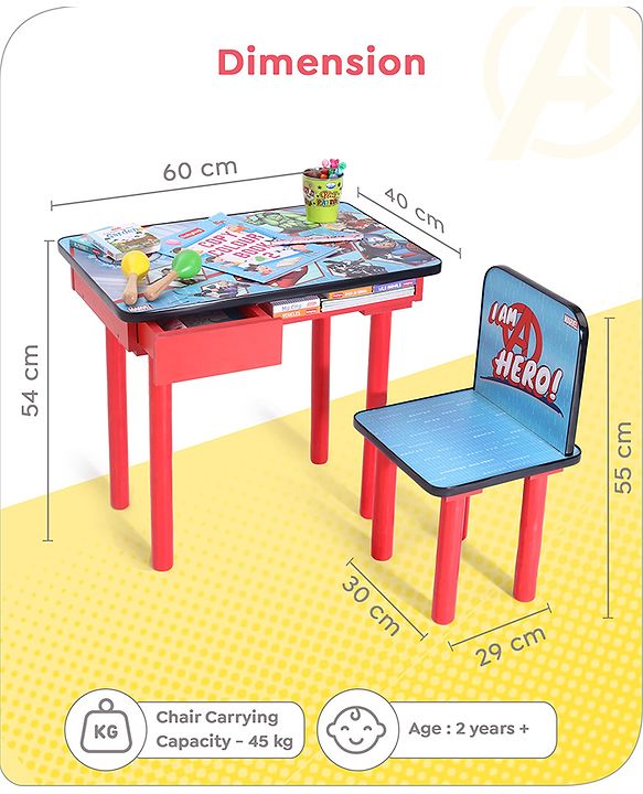 Babyhug Marvel Avengers Multipurpose Study Table with 1 Chair - Red| Art & Craft Table| Dining Table| Easy to Assemble| Sturdy Construct| Storage Draw| Chair with Backrest