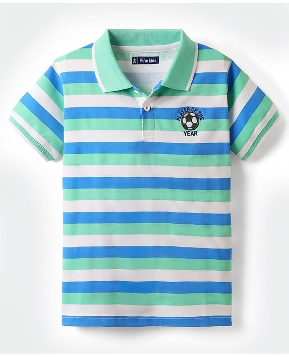 Pine Kids Cotton Knit Half Sleeves Striped Polo T-Shirt - Sea Green & Light Blue