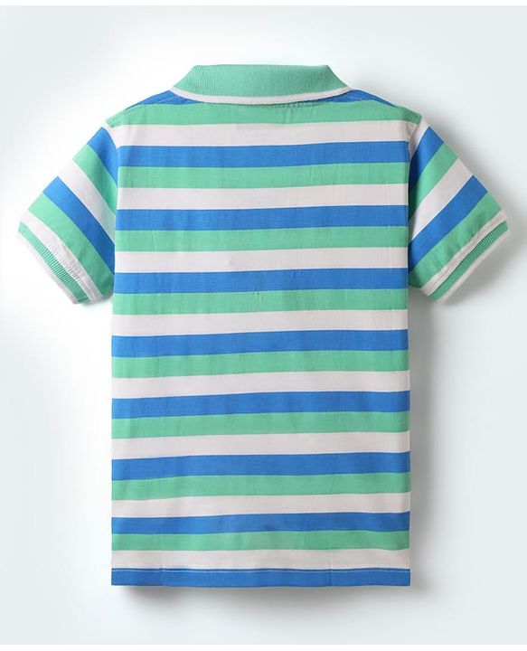 Pine Kids Cotton Knit Half Sleeves Striped Polo T-Shirt - Sea Green & Light Blue
