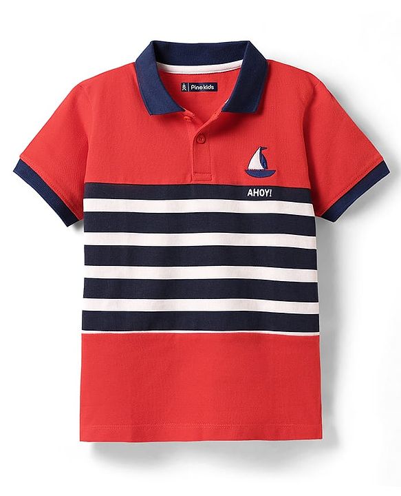 Pine Kids Cotton Knit Half Sleeves Cut & Sew Polo T-Shirt with Ahoy Text Embroidery - Red