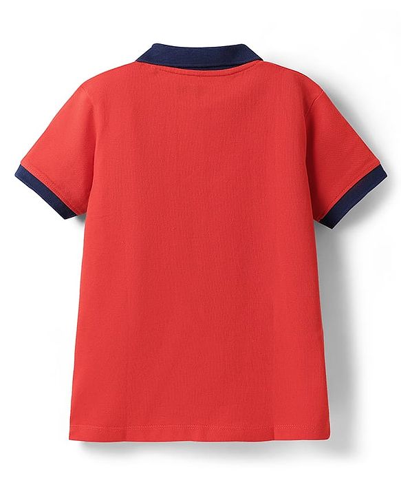 Pine Kids Cotton Knit Half Sleeves Cut & Sew Polo T-Shirt with Ahoy Text Embroidery - Red