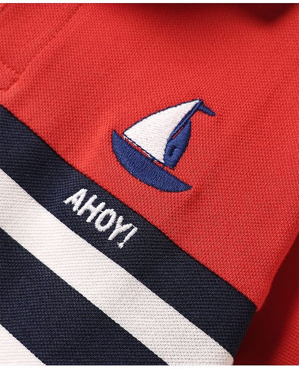 Pine Kids Cotton Knit Half Sleeves Cut & Sew Polo T-Shirt with Ahoy Text Embroidery - Red