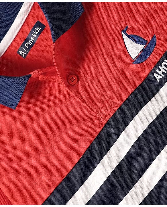 Pine Kids Cotton Knit Half Sleeves Cut & Sew Polo T-Shirt with Ahoy Text Embroidery - Red