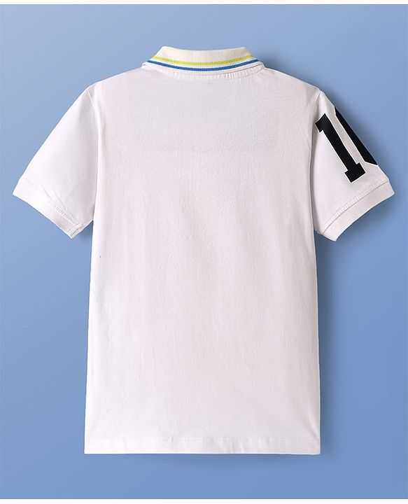 Pine Kids Cotton Knit Half Sleeves Polo T-Shirt with Stripes & Number Print - White & Blue
