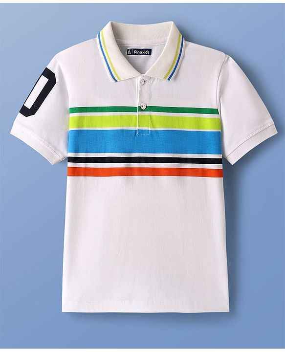 Pine Kids Cotton Knit Half Sleeves Polo T-Shirt with Stripes & Number Print - White & Blue