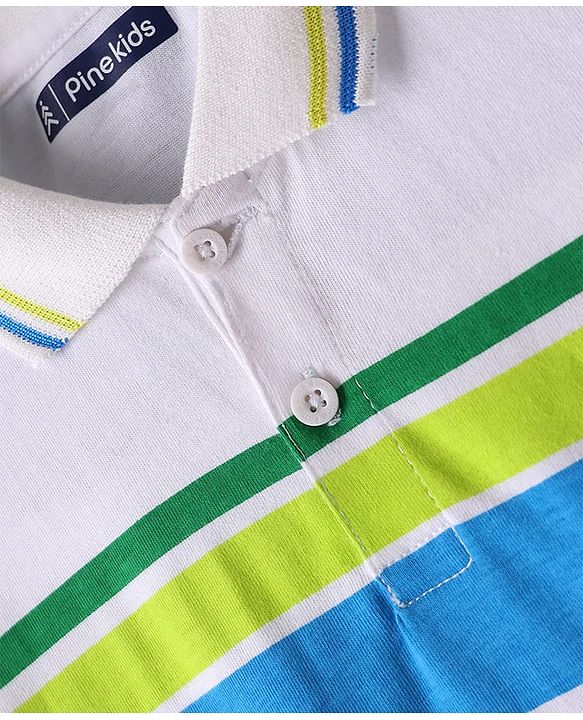 Pine Kids Cotton Knit Half Sleeves Polo T-Shirt with Stripes & Number Print - White & Blue