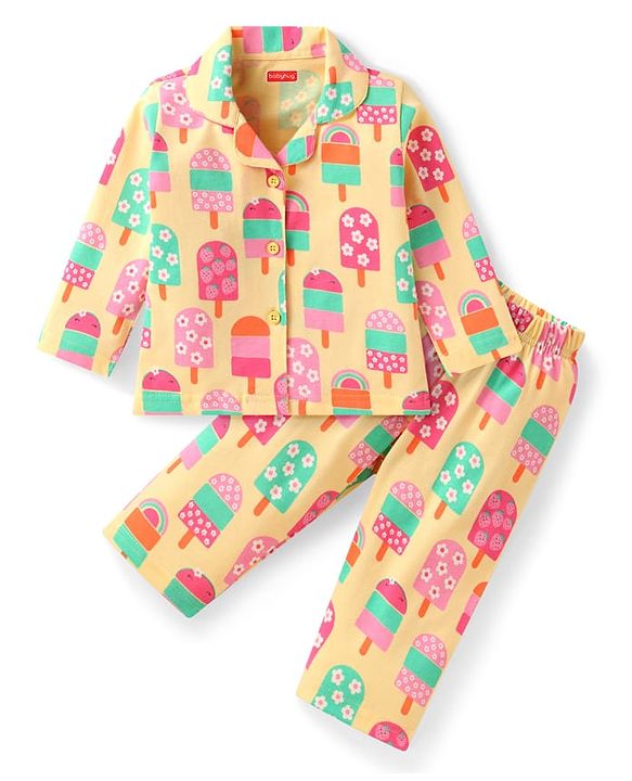 Babyhug Cotton Knit Full Sleeves Front Open Co-ords Night Suit with Popsicle Print - Yellow