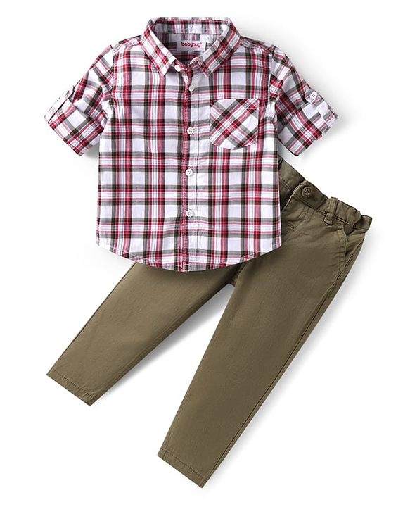 Babyhug Cotton Woven Full Sleeves Checkered Shirt and Trouser Set - Red & Olive