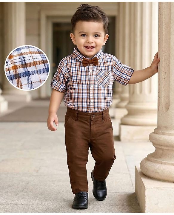 Babyhug Cotton Knit Full Sleeves Checkered Shirt & Trouser Set with Bow - Brown
