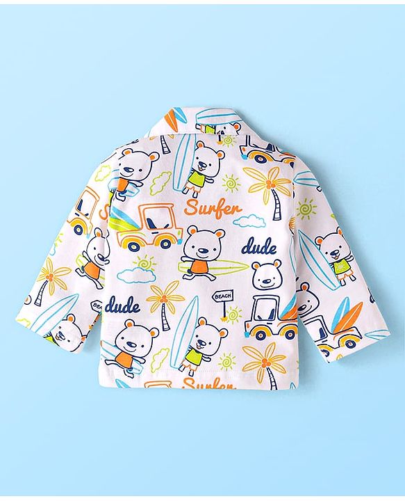 Babyhug Cotton Knit Full Sleeves Night Suit with Beach Theme Print - White