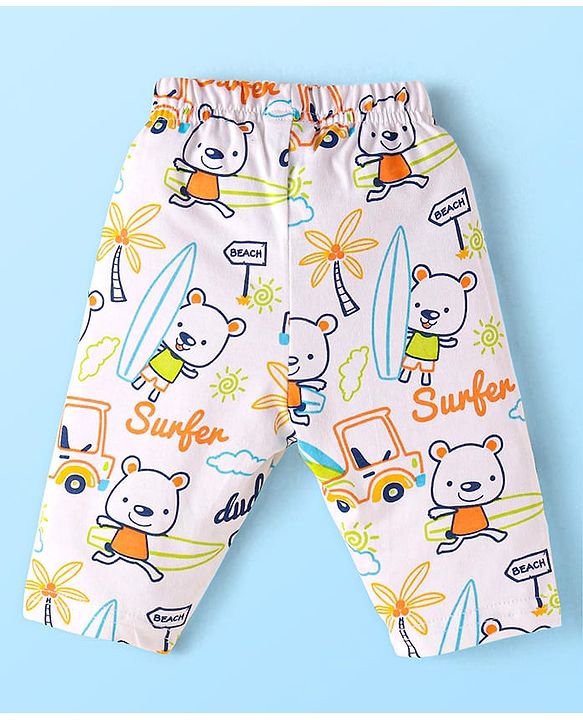 Babyhug Cotton Knit Full Sleeves Night Suit with Beach Theme Print - White