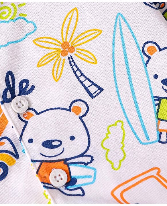 Babyhug Cotton Knit Full Sleeves Night Suit with Beach Theme Print - White