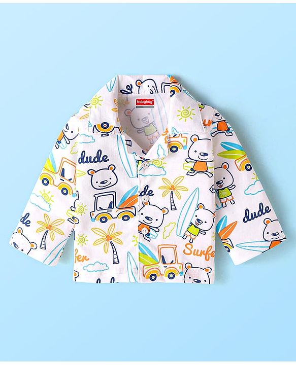 Babyhug Cotton Knit Full Sleeves Night Suit with Beach Theme Print - White