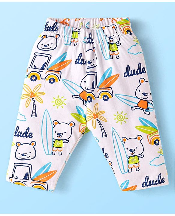 Babyhug Cotton Knit Full Sleeves Night Suit with Beach Theme Print - White