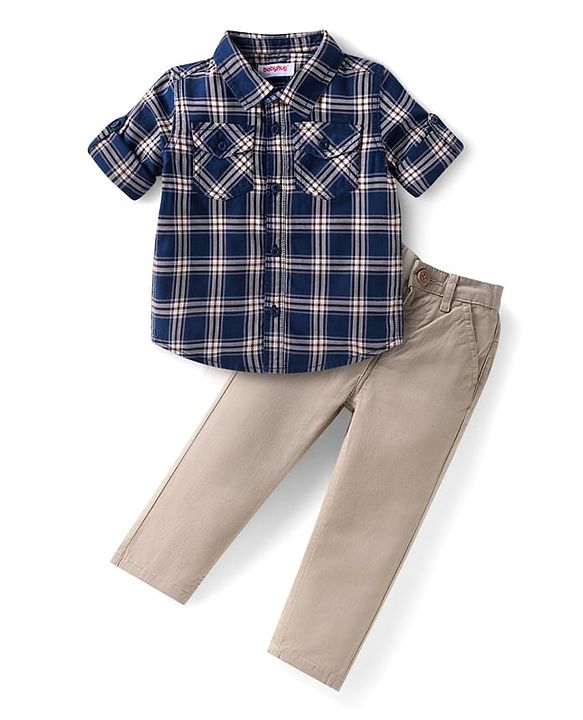 Babyhug Cotton Woven Full Sleeves Checkered Shirt and Trouser Set - Grey & Navy Blue