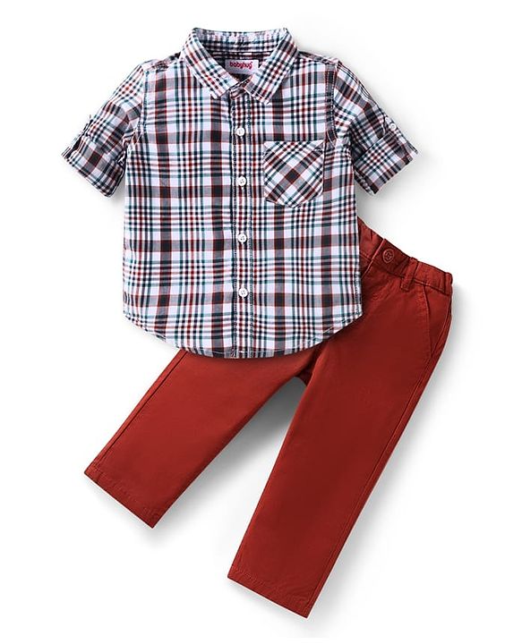 Babyhug Cotton Woven Full Sleeves Checkered Shirt and Trouser Set - Black White & Dark Red