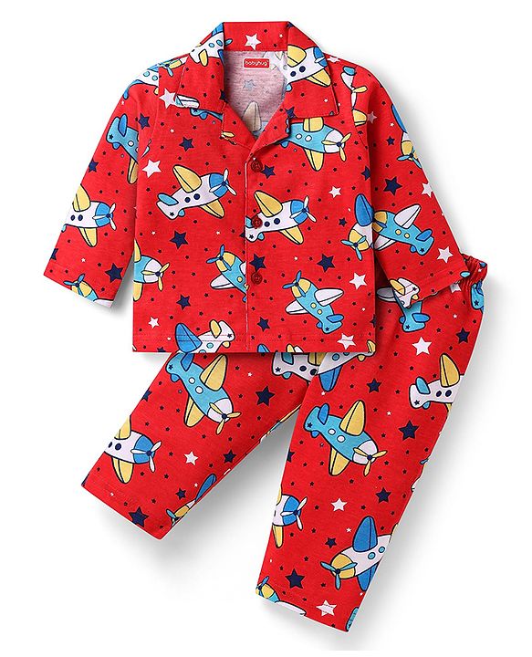 Babyhug Cotton Knit Full Sleeves Front Open Co-ords Night Suit with Airplane Print - Red