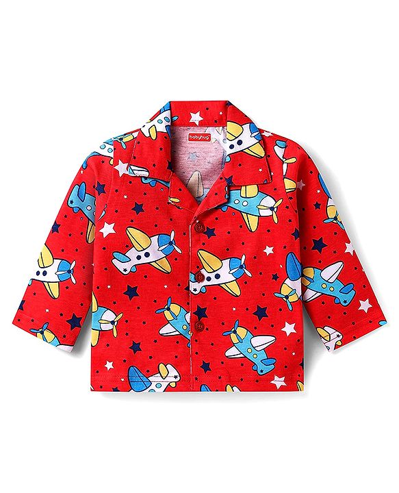 Babyhug Cotton Knit Full Sleeves Front Open Co-ords Night Suit with Airplane Print - Red