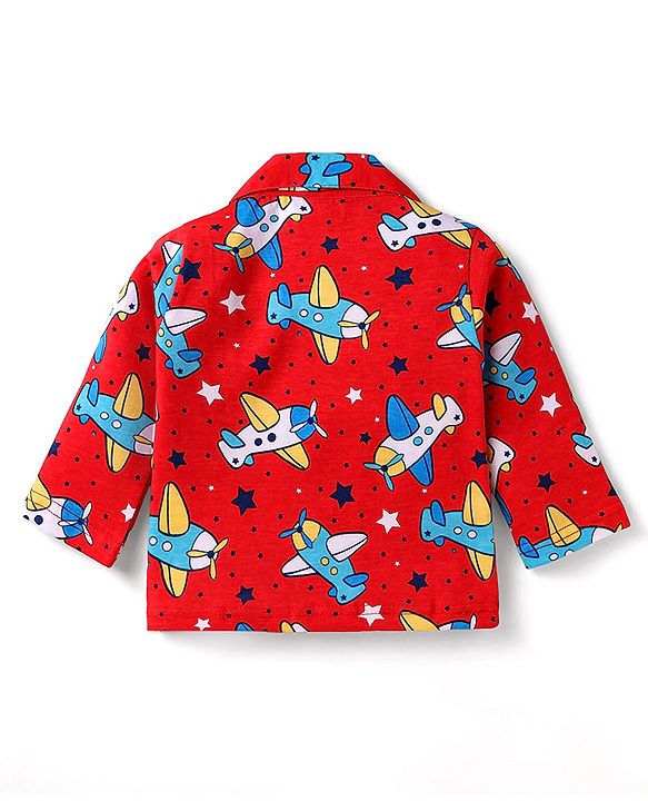 Babyhug Cotton Knit Full Sleeves Front Open Co-ords Night Suit with Airplane Print - Red