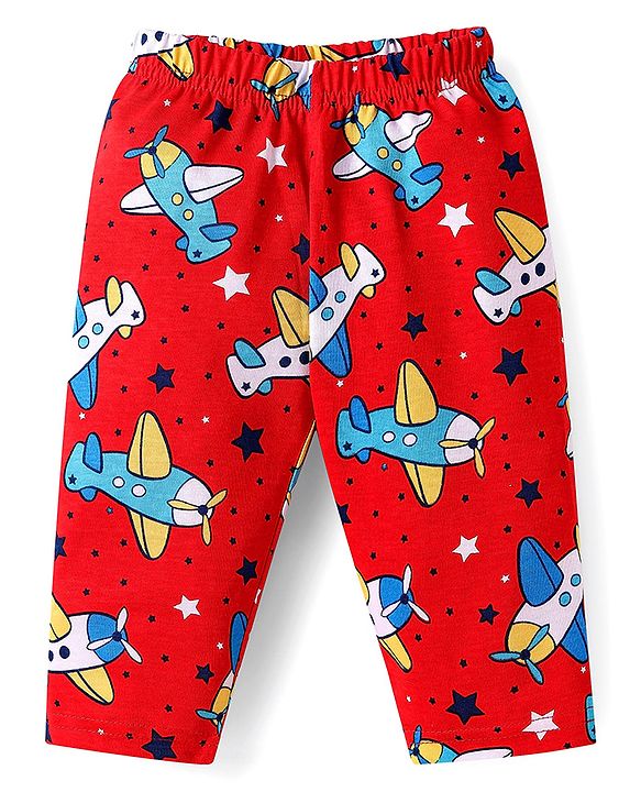 Babyhug Cotton Knit Full Sleeves Front Open Co-ords Night Suit with Airplane Print - Red