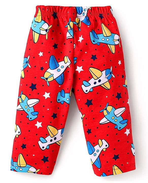 Babyhug Cotton Knit Full Sleeves Front Open Co-ords Night Suit with Airplane Print - Red
