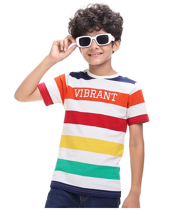 Pine Kids Cotton Knit Half Sleeves T-Shirt with Stripes - White Green Red