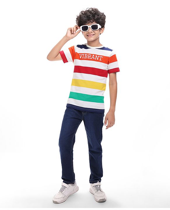 Pine Kids Cotton Knit Half Sleeves T-Shirt with Stripes - White Green Red