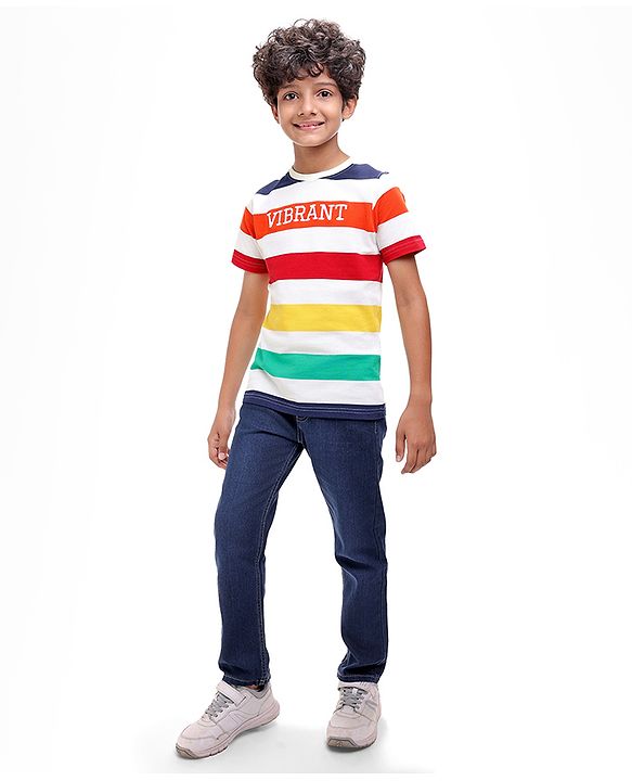 Pine Kids Cotton Knit Half Sleeves T-Shirt with Stripes - White Green Red
