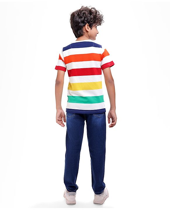 Pine Kids Cotton Knit Half Sleeves T-Shirt with Stripes - White Green Red